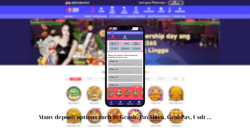 Many deposit options such as Gcash, PayMaya, GrabPay, Usdt ...